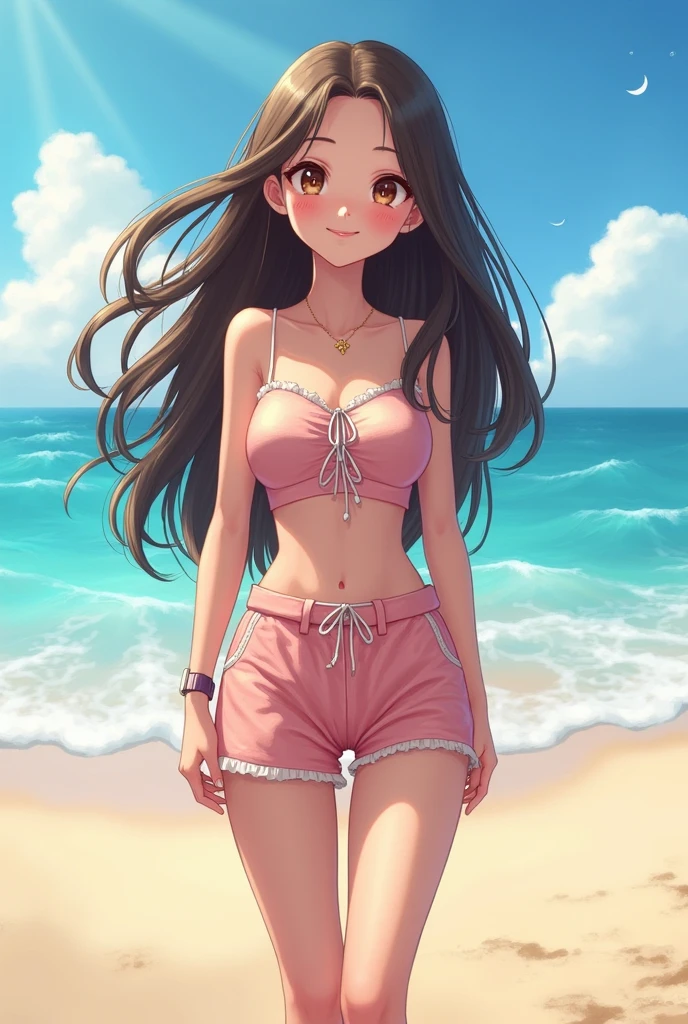 Coconut Q.T. has medium brown skin and dark brown eyes. She has freckles on the bridge of her nose and pink blushed cheeks and lipstick. Her hair is dark green and worn in four, small french braids with several tiny curled strands framing her face. She wears a red headband with red and electric pink roses. Her outfit consists of a white crop top that has a coconut bikini design, a lei matching her headband, a teal pleat skirt, and electric pink ballerina slippers. SPARKLE; GLITTER