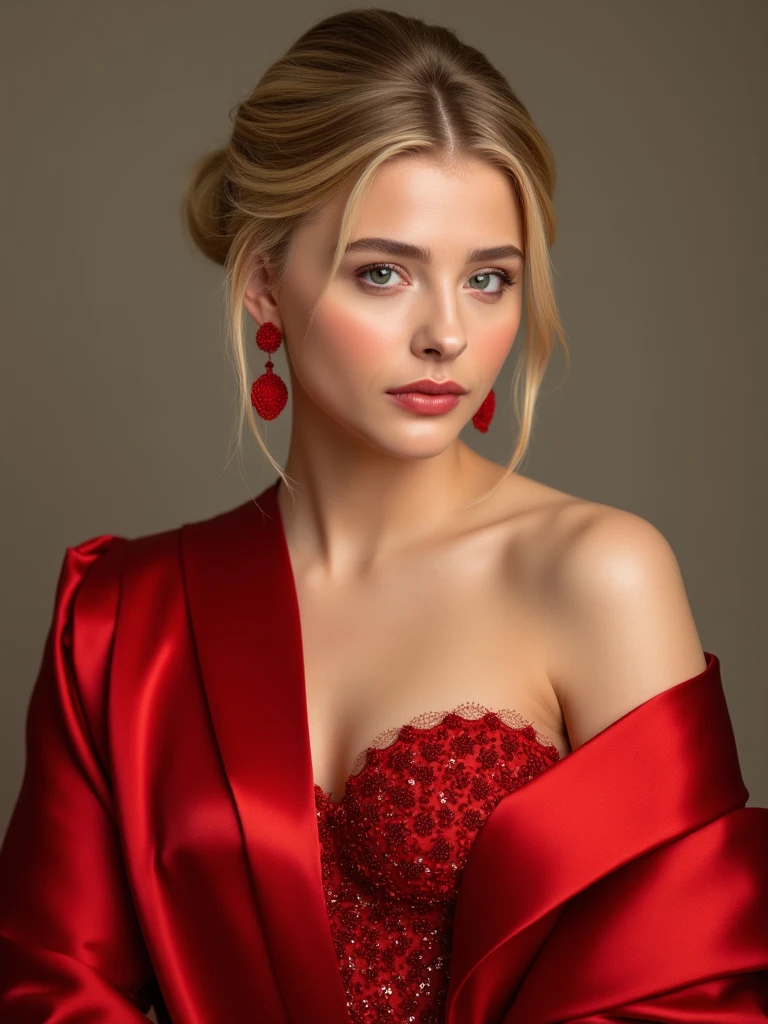 Chloe Grace Moretz,elegant blonde hair bun,red earings,red beaded gown,red satin shawl,potrait