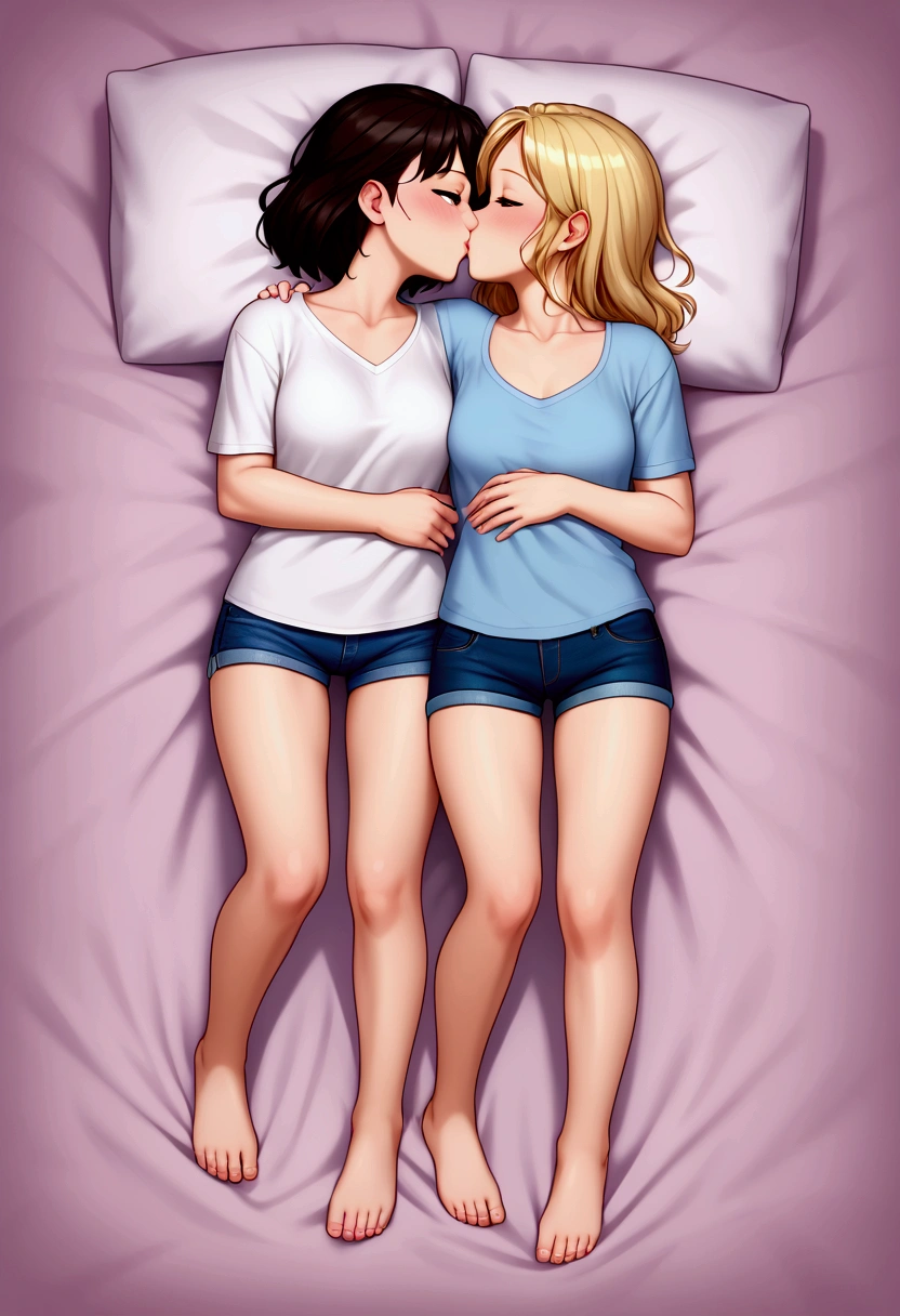 2 girls, cute, cutie, pretty, girls kissing, lesbian, yuri, shiny, half close eyes, enjoying each other, black long shirt, denim short shorts, barefoot, bed, duo, full body, lying by side together,