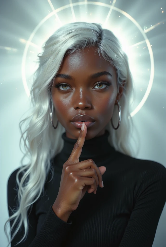 a highly detailed portrait of a black woman with rich sepia-toned skin and long, silken white hair that flows like liquid light. Her glowing gray eyes stare with an intense, otherworldly gaze, framed by silver hoop earrings that catch subtle reflections. A radiant white halo encircles her head, bathing her in soft light that highlights the textures of her ribbed black turtleneck dress. The atmosphere is minimalist yet celestial, with a gradient of cool whites and pale silvers in the background, enhancing the futuristic and divine elements of her appearance. Focus on the interplay of light, texture, and shadow to create a surreal yet realistic effect. finger to mouth,