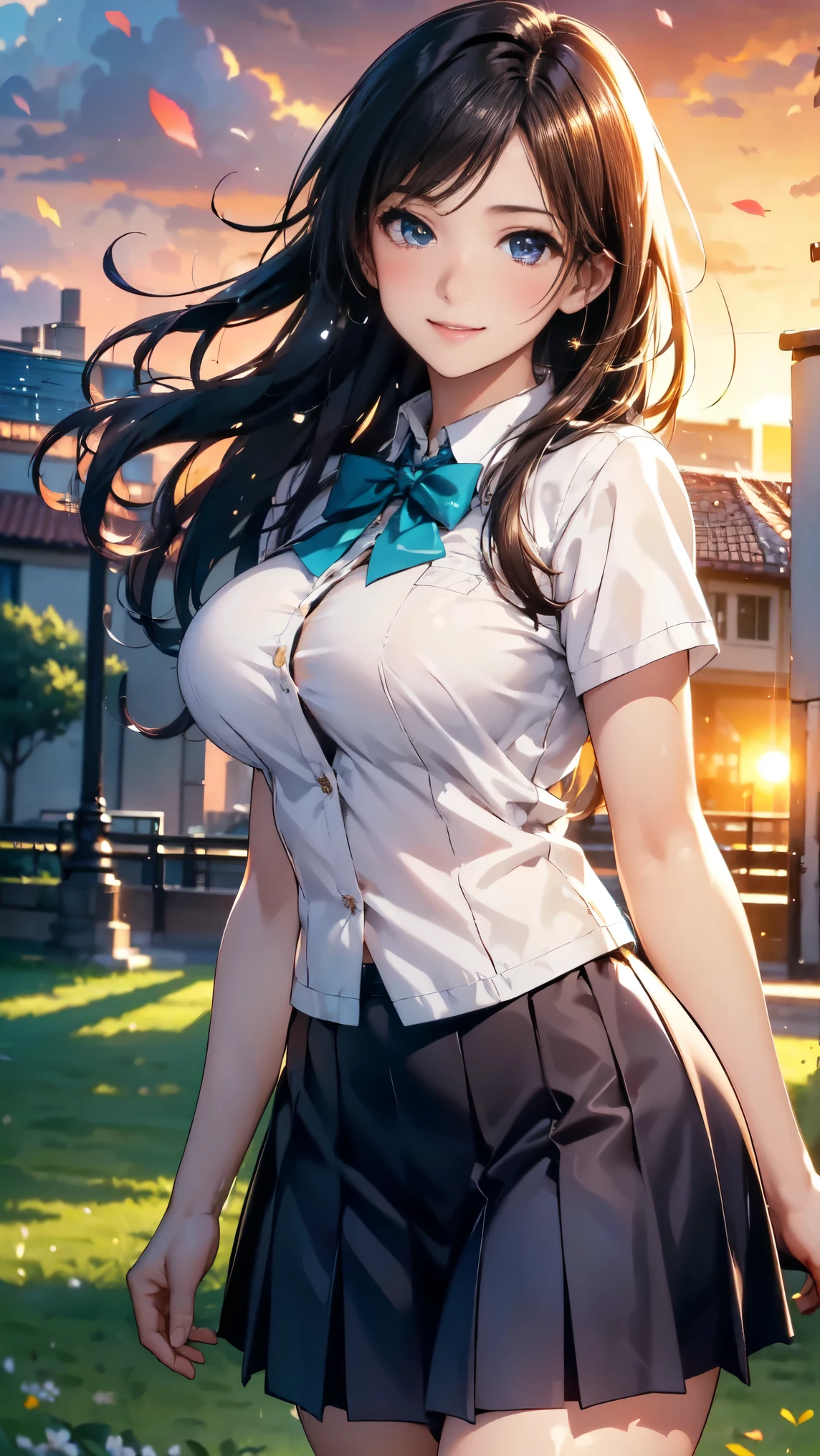 (High quality, High resolution, Fine details, Realistic), campus, evening, setting sun shines, solo, School uniform, women, tilt head, sparkling eyes, Detailed eyes, smile, blush, Large breasts, Sweat, Oily skin, Shallow depth of field