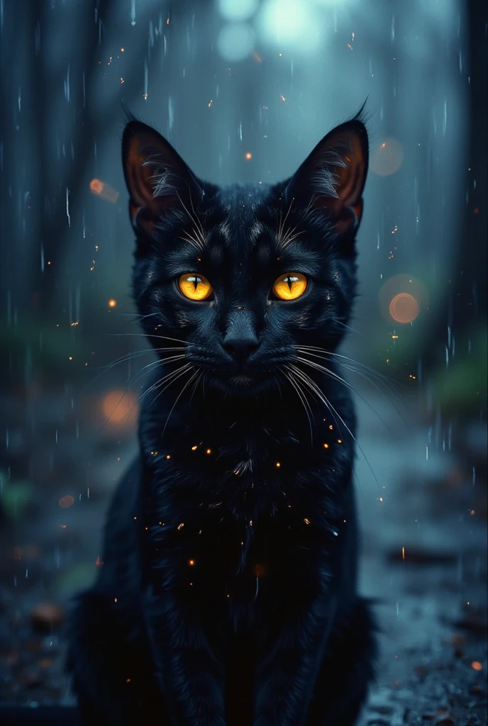 (Top Quality, Masterpiece, Photorealistic, Detailed Details:1.2), Black cat with yellow eyes standing in the rain at night, digital art style. The color scheme is dark blue and black, with a front view. The atmosphere is mysterious, against the backdrop of a fantasy world. The cat's face has a mysterious glow, with a cute cartoon style design.
The full-length photo is made in high resolution, with detailed texture and water droplet effect, creating a surreal scene