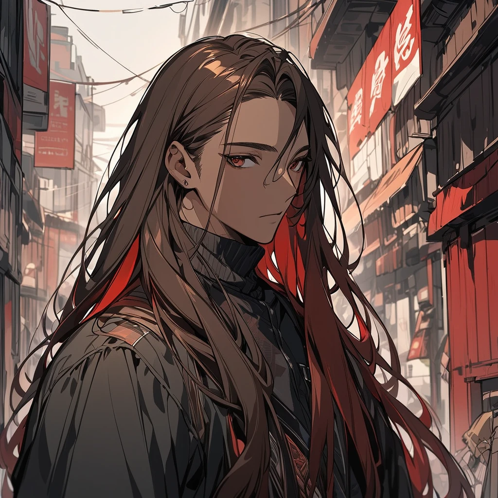 Create an artwork of a male human character with long hair blending deep red and dark brown colors. His skin should have a rich, dark brown tone. He should be dressed in a contemporary urban outfit, featuring modern and stylish elements. The character should exude a sense of confidence and charisma. The artwork should focus on smooth, detailed lines, capturing the texture of his hair and the fabric of his clothing. The background should be minimalistic to ensure the character stands out prominently."