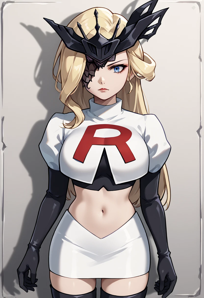 score_9, score_8_up, score_7_up, source_anime, solo, 1girl, sign0ra, makeup, looking at you, long hair, blonde hair, blue eyes, black mask, half mask, one eye covered, large breasts, team rocket,team rocket uniform,white skirt,red letter R,crop top,black thigh-highs,black elbow gloves, cowboy_shot
