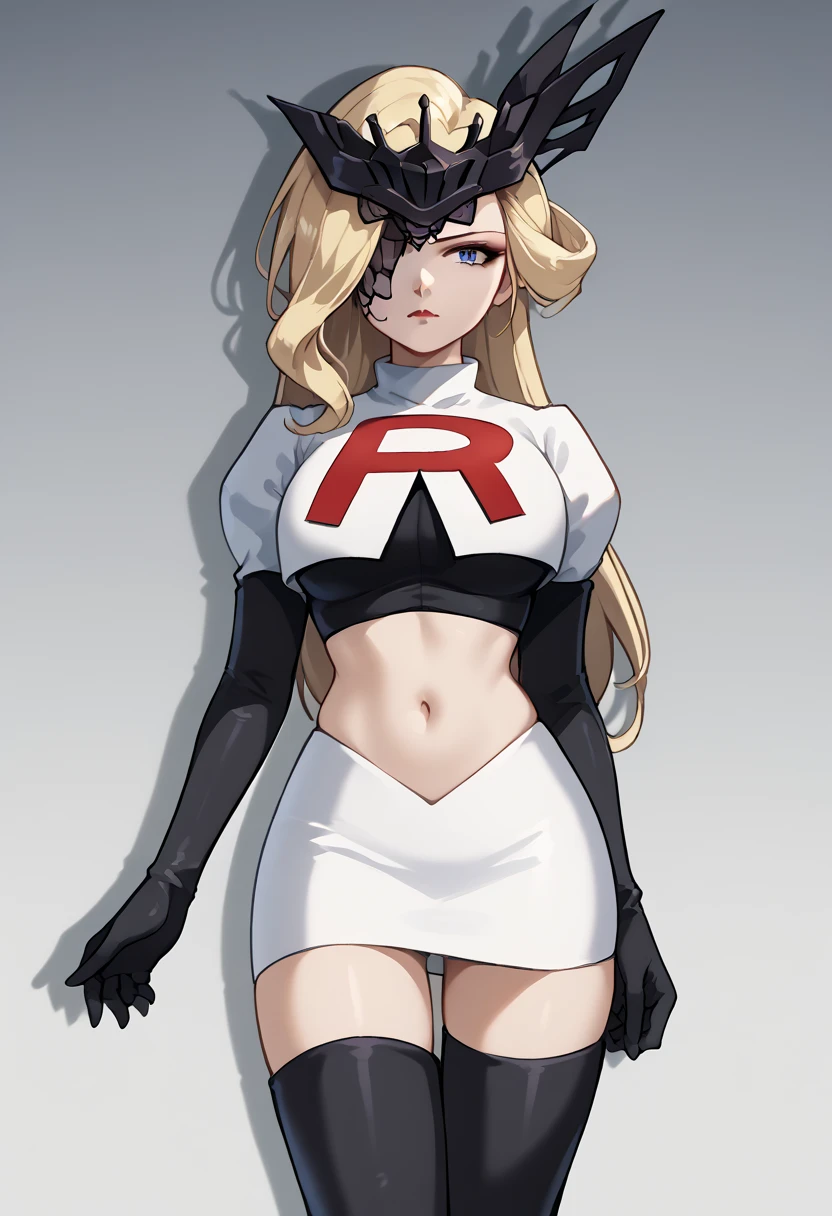 score_9, score_8_up, score_7_up, source_anime, solo, 1girl, sign0ra, makeup, looking at you, long hair, blonde hair, blue eyes, black mask, half mask, one eye covered, large breasts, team rocket,team rocket uniform,white skirt,red letter R,crop top,black thigh-highs,black elbow gloves, cowboy_shot
