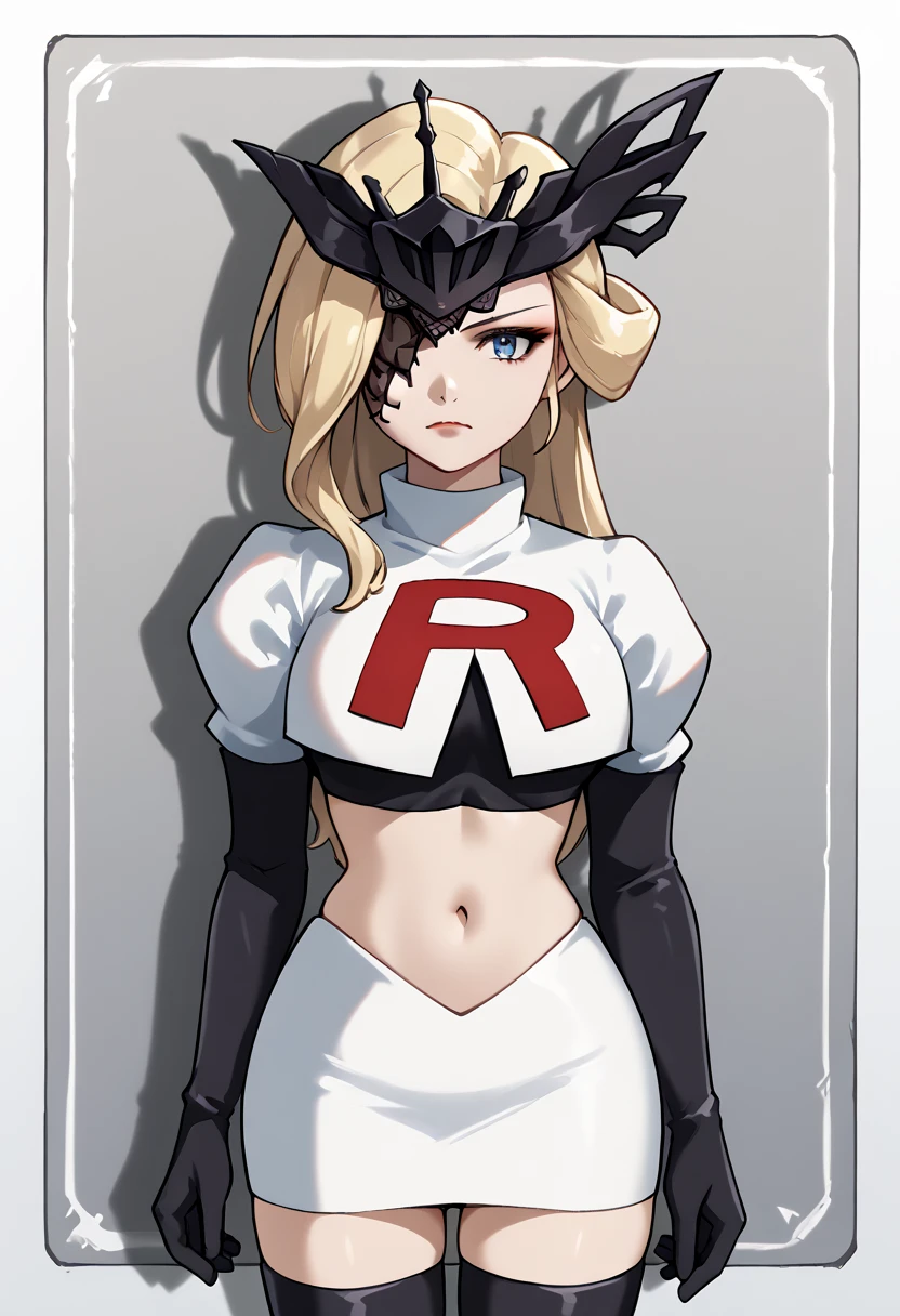 score_9, score_8_up, score_7_up, source_anime, solo, 1girl, sign0ra, makeup, looking at you, long hair, blonde hair, blue eyes, black mask, half mask, one eye covered, large breasts, team rocket,team rocket uniform,white skirt,red letter R,crop top,black thigh-highs,black elbow gloves, cowboy_shot
