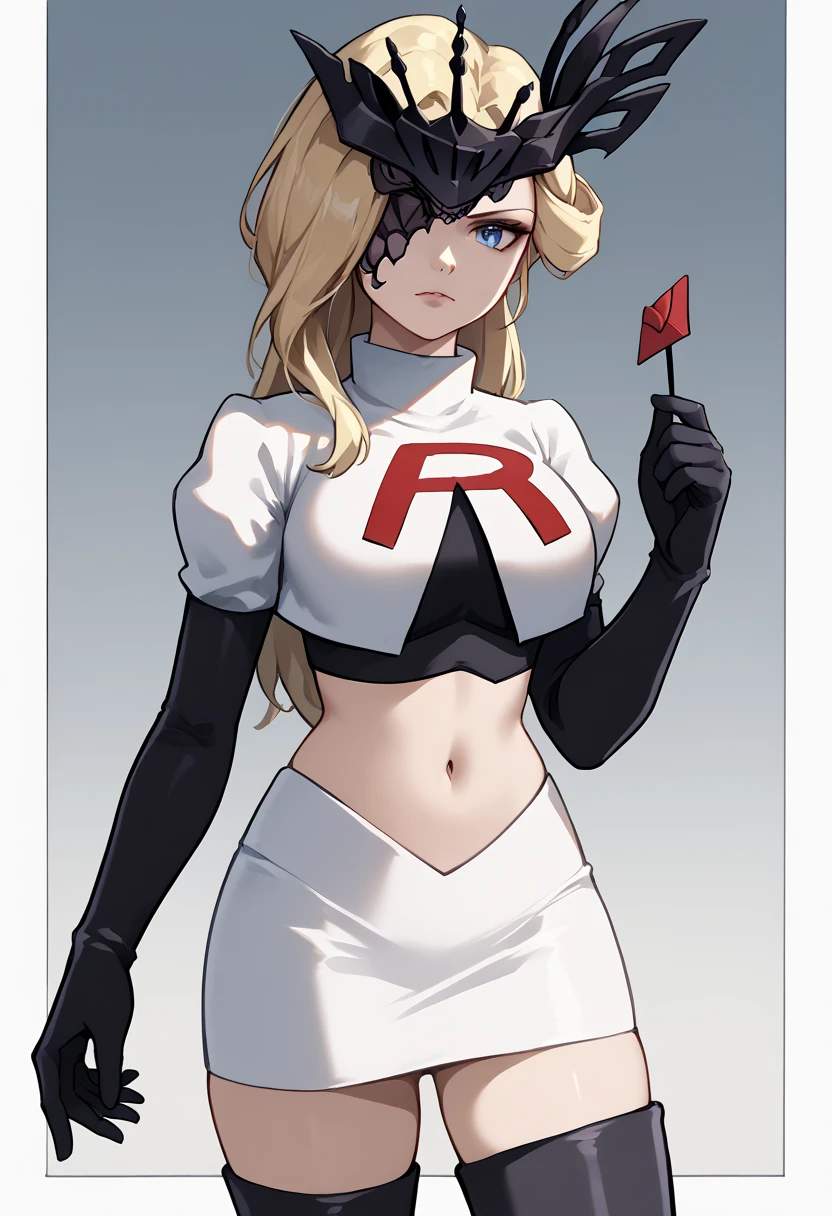 score_9, score_8_up, score_7_up, source_anime, solo, 1girl, sign0ra, makeup, looking at you, long hair, blonde hair, blue eyes, black mask, half mask, one eye covered, large breasts, team rocket,team rocket uniform,white skirt,red letter R,crop top,black thigh-highs,black elbow gloves, cowboy_shot
