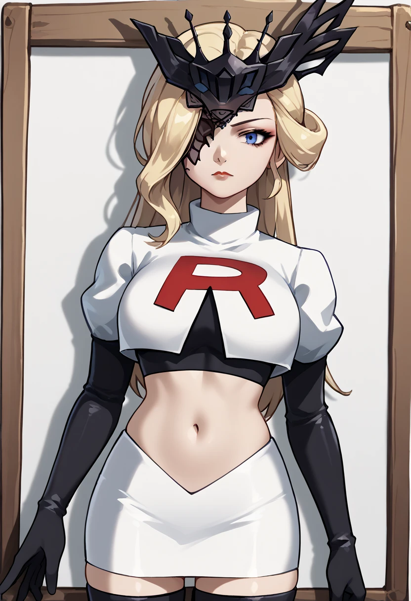 score_9, score_8_up, score_7_up, source_anime, solo, 1girl, sign0ra, makeup, looking at you, long hair, blonde hair, blue eyes, black mask, half mask, one eye covered, large breasts, team rocket,team rocket uniform,white skirt,red letter R,crop top,black thigh-highs,black elbow gloves, cowboy_shot
