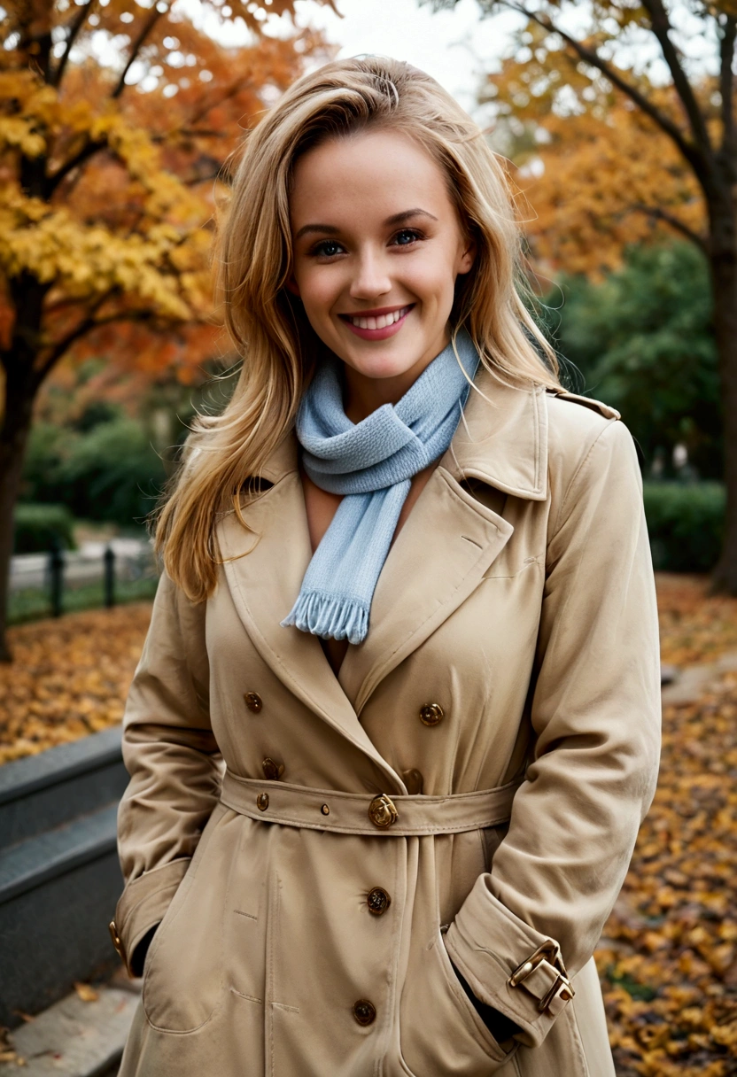 jennymc, smiling, happy, lovely, wearing trench coat and scarf, in an autumn park, New York, ((medium body shot))