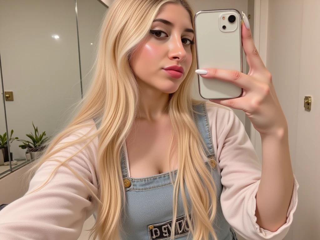 a woman taking a selfie in the mirror, high quality photo, sneakers photo, outfit photo, suitable photo, dressed in a white danike t-shirt, aesthetic!!, aesthetic!!!!, 2k aesthetic, black and blonde hair on the ends, 😭 🤮 💕 🎀, selfie of a young woman