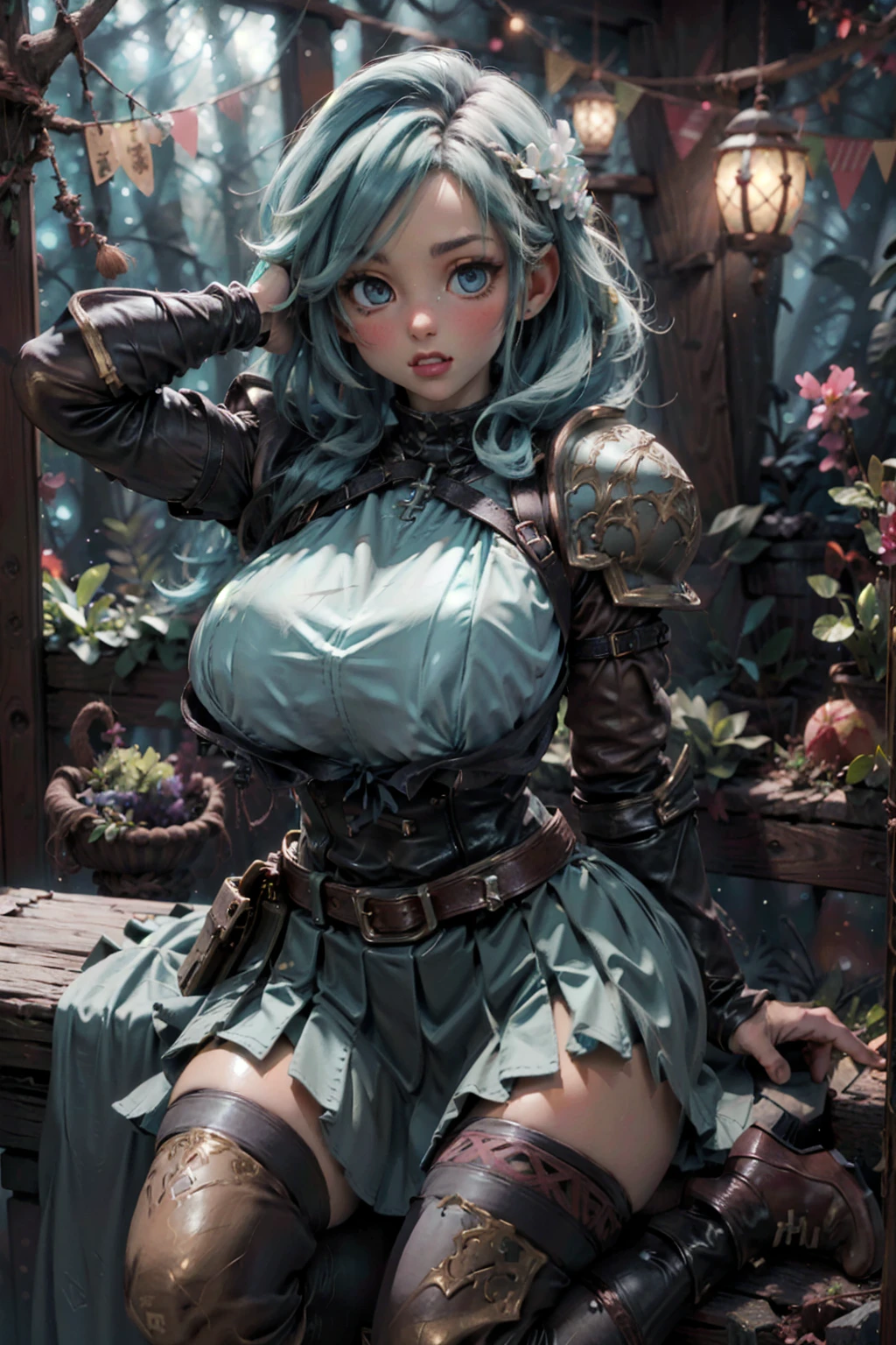 1girl, volumetric light, (bright scene:1.5), deep  forrest,  depth of field, bokeh ,hair ornament,  (huge breast:1.5) photography, masterpiece, best quality,HDR, highres,realistic details,40K, HDR, highres,
mithrilstylewarrior, shoulder armor, breastplate, aqua hair, aqua eyes, multicolored hair, floating hair, pleated skirt,  braid, knight, high heel boots, feathers,