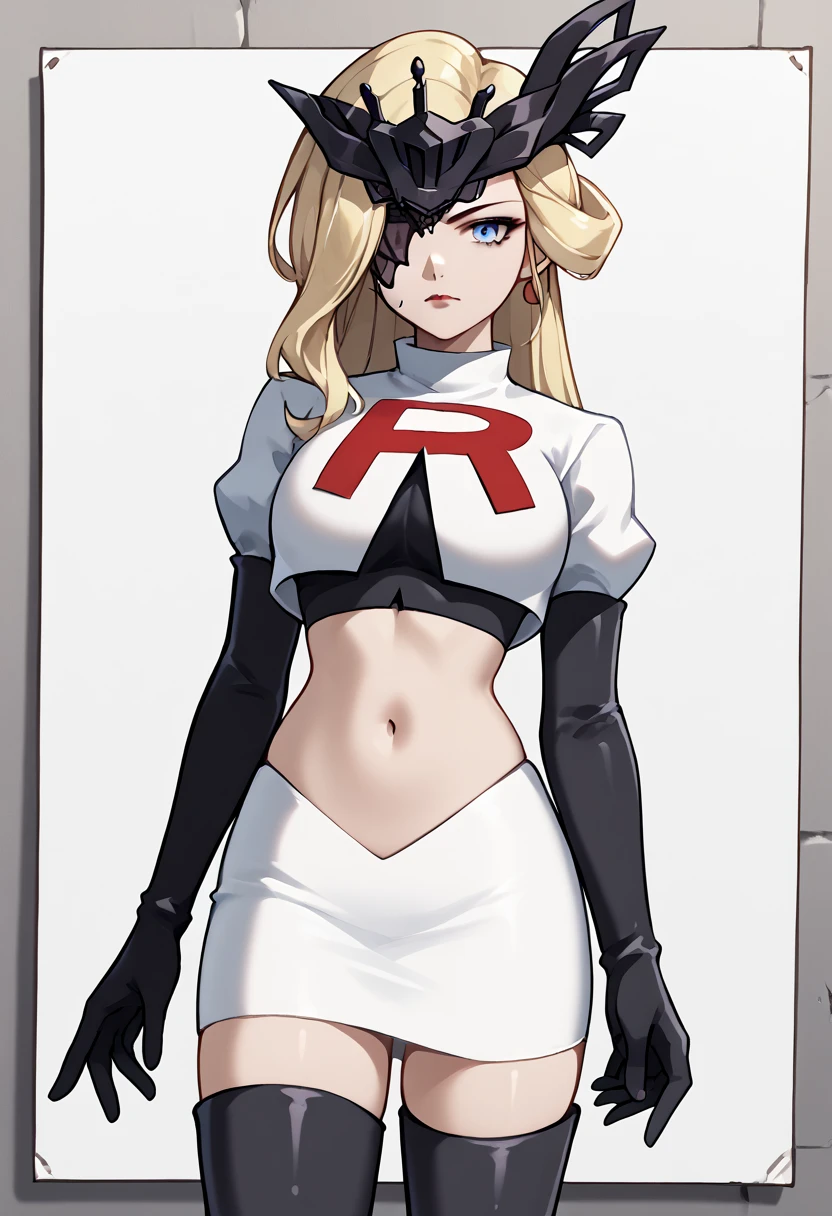 score_9, score_8_up, score_7_up, source_anime, solo, 1girl, sign0ra, makeup, looking at you, long hair, blonde hair, blue eyes, black mask, half mask, one eye covered, large breasts, team rocket,team rocket uniform,white skirt,red letter R,crop top,black thigh-highs,black elbow gloves, cowboy_shot
