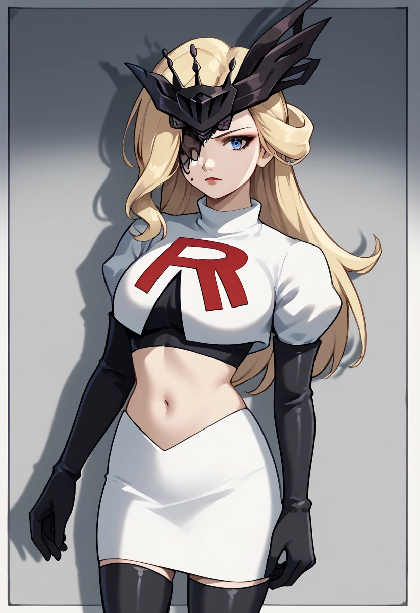 score_9, score_8_up, score_7_up, source_anime, solo, 1girl, sign0ra, makeup, looking at you, long hair, blonde hair, blue eyes, black mask, half mask, one eye covered, large breasts, team rocket,team rocket uniform,white skirt,red letter R,crop top,black thigh-highs,black elbow gloves, cowboy_shot
