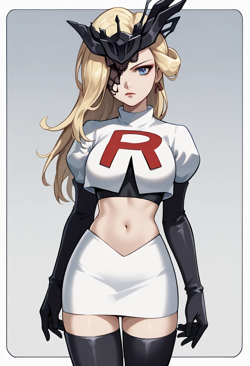 score_9, score_8_up, score_7_up, source_anime, solo, 1girl, sign0ra, makeup, looking at you, long hair, blonde hair, blue eyes, black mask, half mask, one eye covered, large breasts, team rocket,team rocket uniform,white skirt,red letter R,crop top,black thigh-highs,black elbow gloves, cowboy_shot
