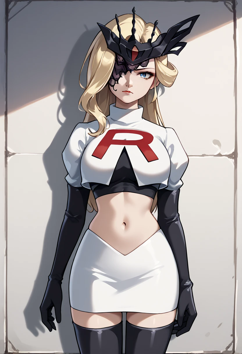 score_9, score_8_up, score_7_up, source_anime, solo, 1girl, sign0ra, makeup, looking at you, long hair, blonde hair, blue eyes, black mask, half mask, one eye covered, large breasts, team rocket,team rocket uniform,white skirt,red letter R,crop top,black thigh-highs,black elbow gloves, cowboy_shot
