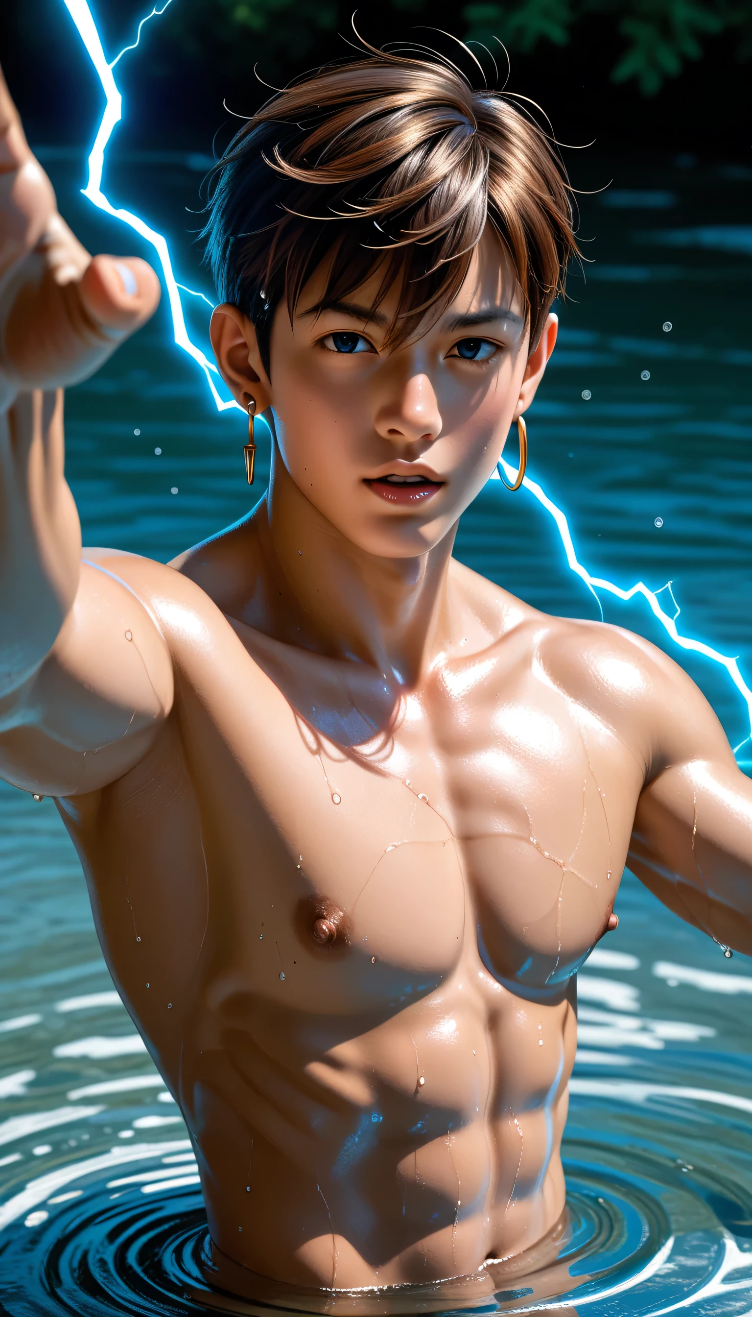 score_9, score_8_ up, score_7_ up, Source_Anime, rating_ explicit , water, Enel OP , ( long Enel earlobes ), very short blond enerhair, detailed black eyes , gold Enel earrings , one boy , male focus , topless, clavicle, electricity, Blue Lightning, reaching out , in a circle, the above, Exquisite face, hands with 5 fingers , Outdoor, on water, Droplets ,