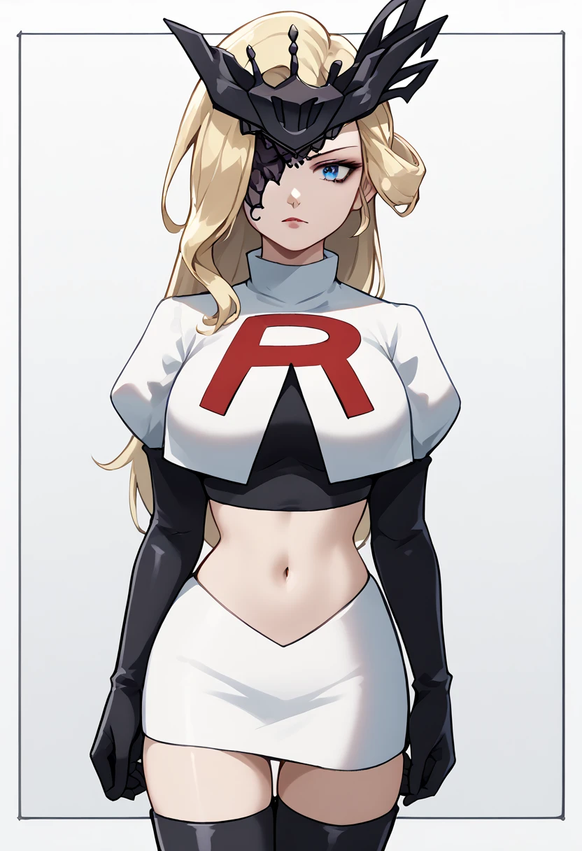 score_9, score_8_up, score_7_up, source_anime, solo, 1girl, sign0ra, makeup, looking at you, long hair, blonde hair, blue eyes, black mask, half mask, one eye covered, large breasts, team rocket,team rocket uniform,white skirt,red letter R,crop top,black thigh-highs,black elbow gloves, cowboy_shot
