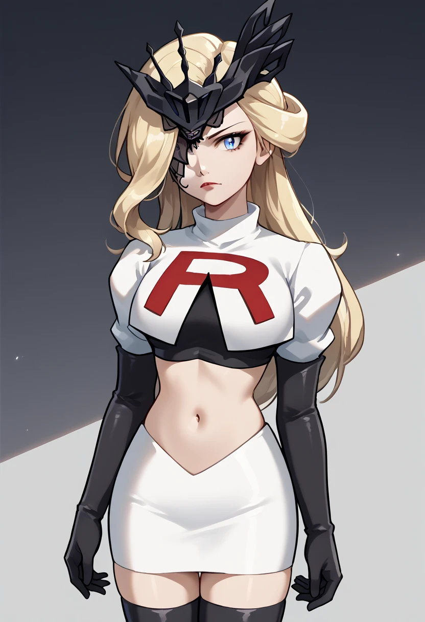 score_9, score_8_up, score_7_up, source_anime, solo, 1girl, sign0ra, makeup, looking at you, long hair, blonde hair, blue eyes, black mask, half mask, one eye covered, large breasts, team rocket,team rocket uniform,white skirt,red letter R,crop top,black thigh-highs,black elbow gloves, cowboy_shot
