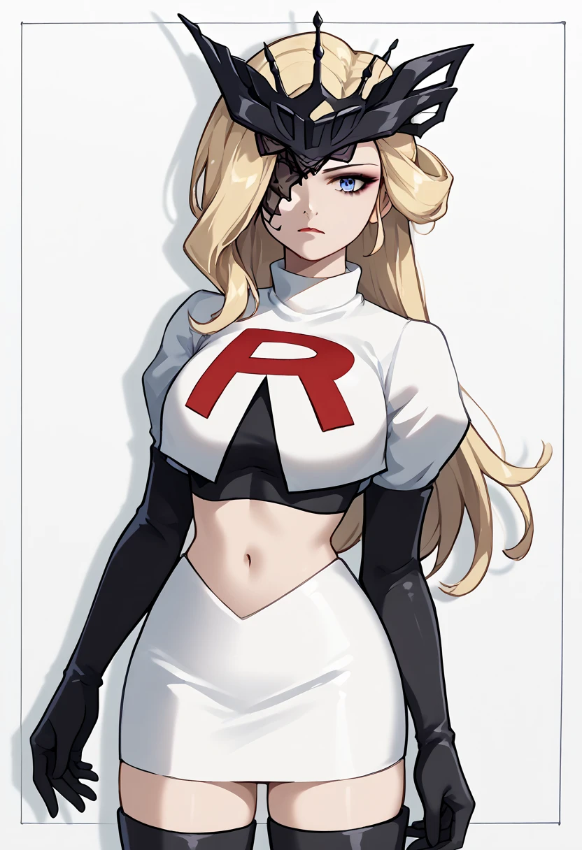 score_9, score_8_up, score_7_up, source_anime, solo, 1girl, sign0ra, makeup, looking at you, long hair, blonde hair, blue eyes, black mask, half mask, one eye covered, large breasts, team rocket,team rocket uniform,white skirt,red letter R,crop top,black thigh-highs,black elbow gloves, cowboy_shot
