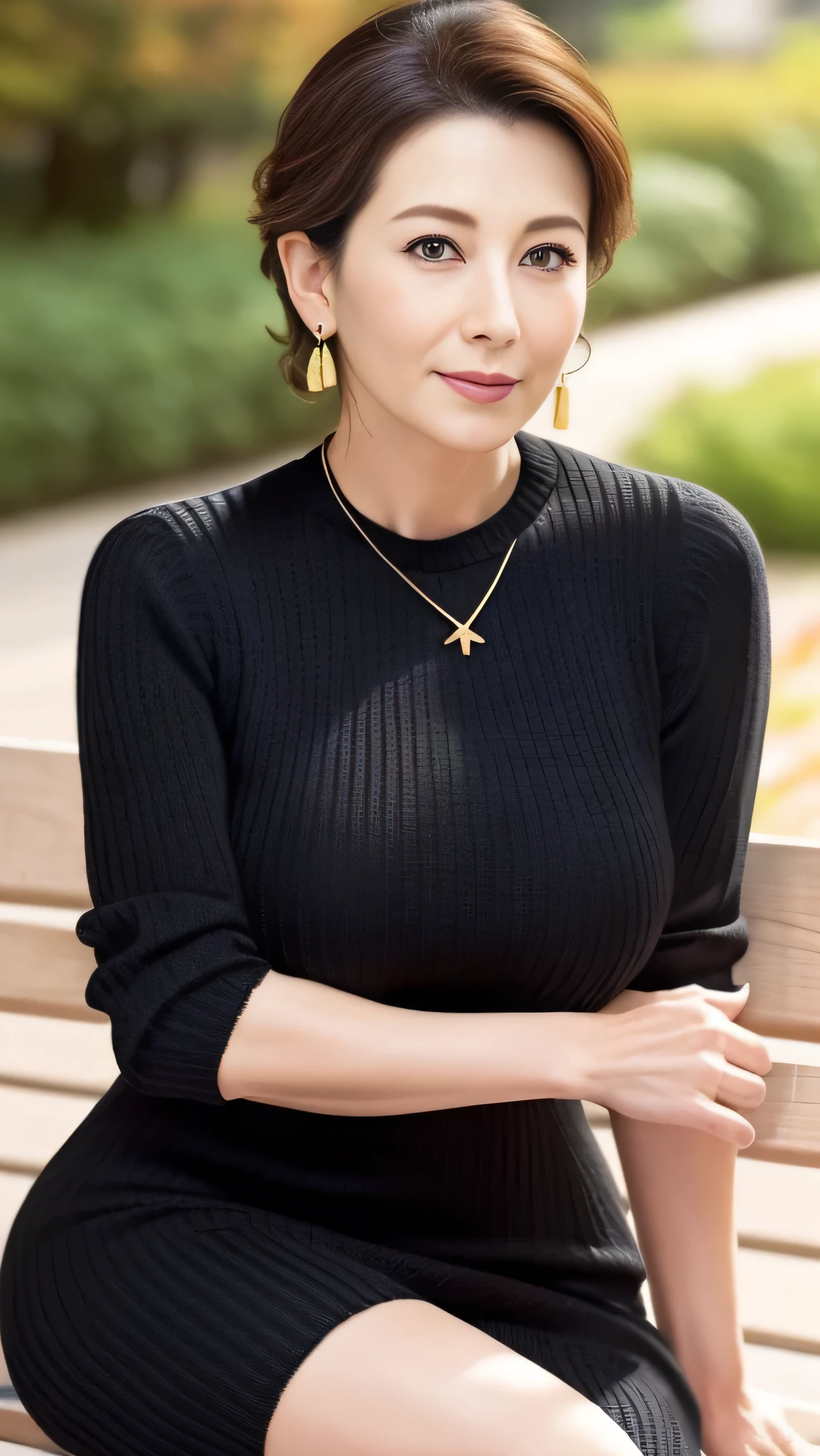 table top in bed, top quality , (. :1), ,( sit on a park bench 、 surrounded by beautiful fall foliage:1.3)、 are staring at me、Full Body Photo Night,(black knitted sweater dress :1.3)、( beautiful mature woman:1.5),、 long legs , skin hyperdetail ,(Small face:1.3), Panoramic View,(A little thick:1.3)、,(Big Breasts:1.2),(Beautiful women over 45:1.5), ( Upstyled hair tied at the back :1.5)、perfect face,, ( detailed facial features), (Pretty and graceful face :1.5)、 necklace、 earrings for women with first name