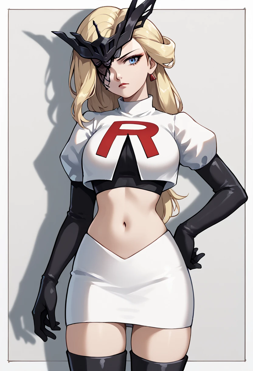 score_9, score_8_up, score_7_up, source_anime, solo, 1girl, sign0ra, makeup, looking at you, long hair, blonde hair, blue eyes, black mask, half mask, one eye covered, large breasts, team rocket,team rocket uniform,white skirt,red letter R,crop top,black thigh-highs,black elbow gloves, cowboy_shot
