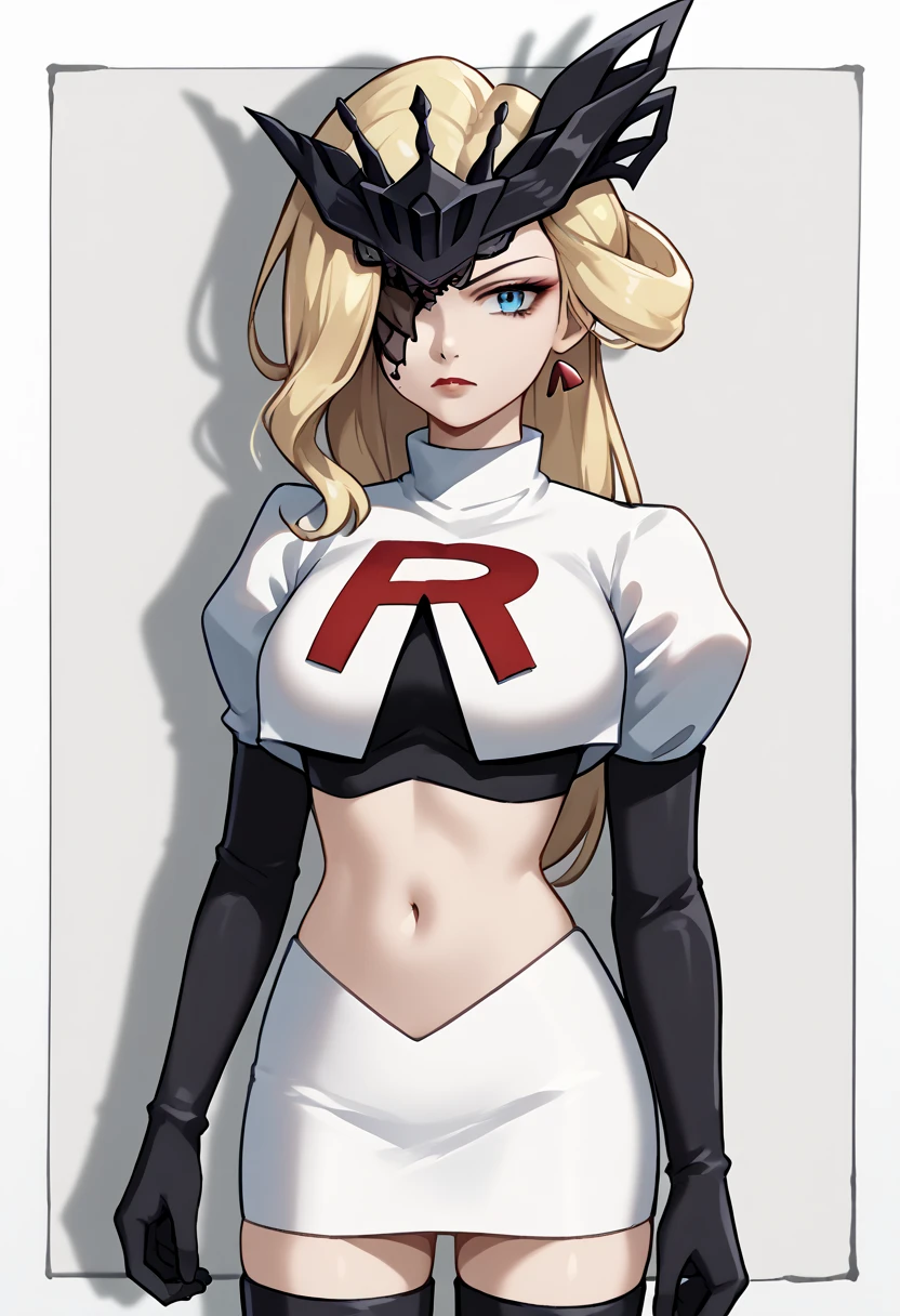 score_9, score_8_up, score_7_up, source_anime, solo, 1girl, sign0ra, makeup, looking at you, long hair, blonde hair, blue eyes, black mask, half mask, one eye covered, large breasts, team rocket,team rocket uniform,white skirt,red letter R,crop top,black thigh-highs,black elbow gloves, cowboy_shot
