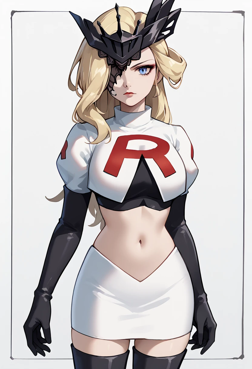 score_9, score_8_up, score_7_up, source_anime, solo, 1girl, sign0ra, makeup, looking at you, long hair, blonde hair, blue eyes, black mask, half mask, one eye covered, large breasts, team rocket,team rocket uniform,white skirt,red letter R,crop top,black thigh-highs,black elbow gloves, cowboy_shot
