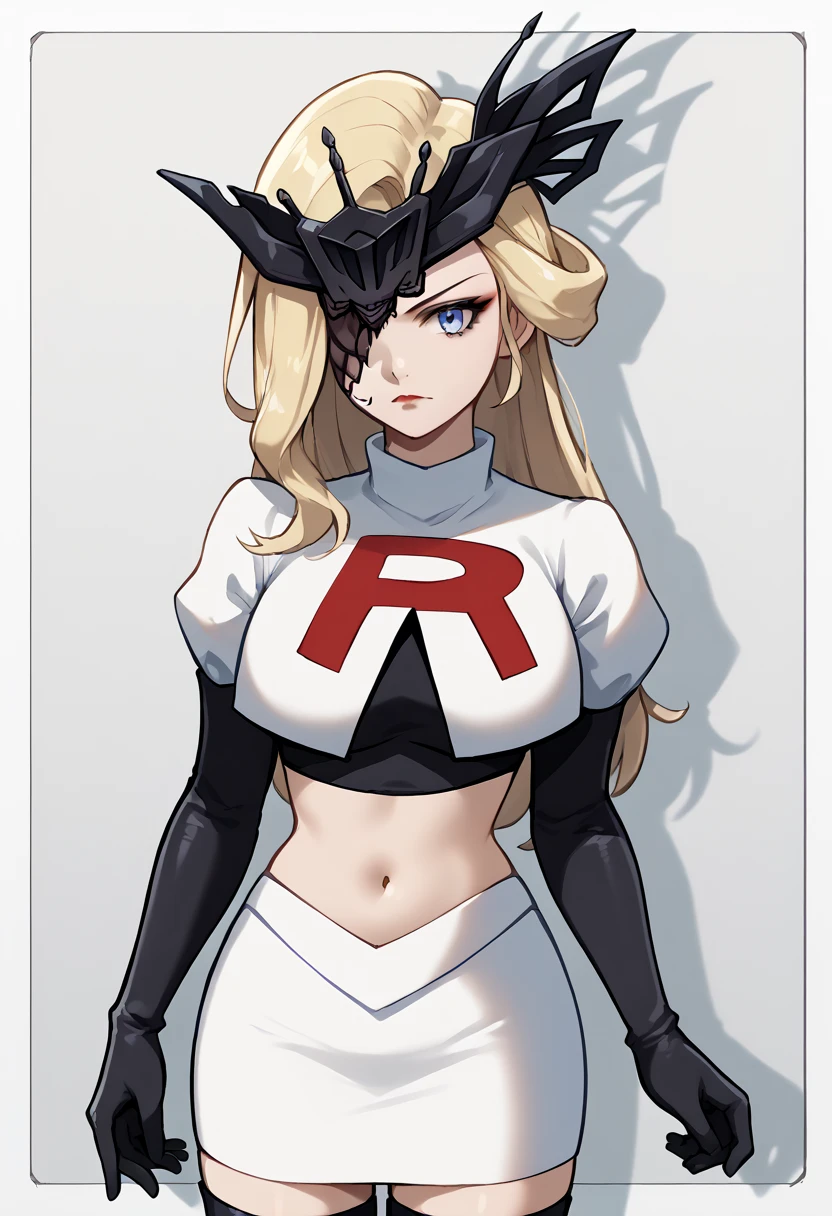 score_9, score_8_up, score_7_up, source_anime, solo, 1girl, sign0ra, makeup, looking at you, long hair, blonde hair, blue eyes, black mask, half mask, one eye covered, large breasts, team rocket,team rocket uniform,white skirt,red letter R,crop top,black thigh-highs,black elbow gloves, cowboy_shot
