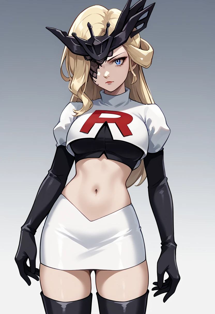 score_9, score_8_up, score_7_up, source_anime, solo, 1girl, sign0ra, makeup, looking at you, long hair, blonde hair, blue eyes, black mask, half mask, one eye covered, large breasts, team rocket,team rocket uniform,white skirt,red letter R,crop top,black thigh-highs,black elbow gloves, cowboy_shot
