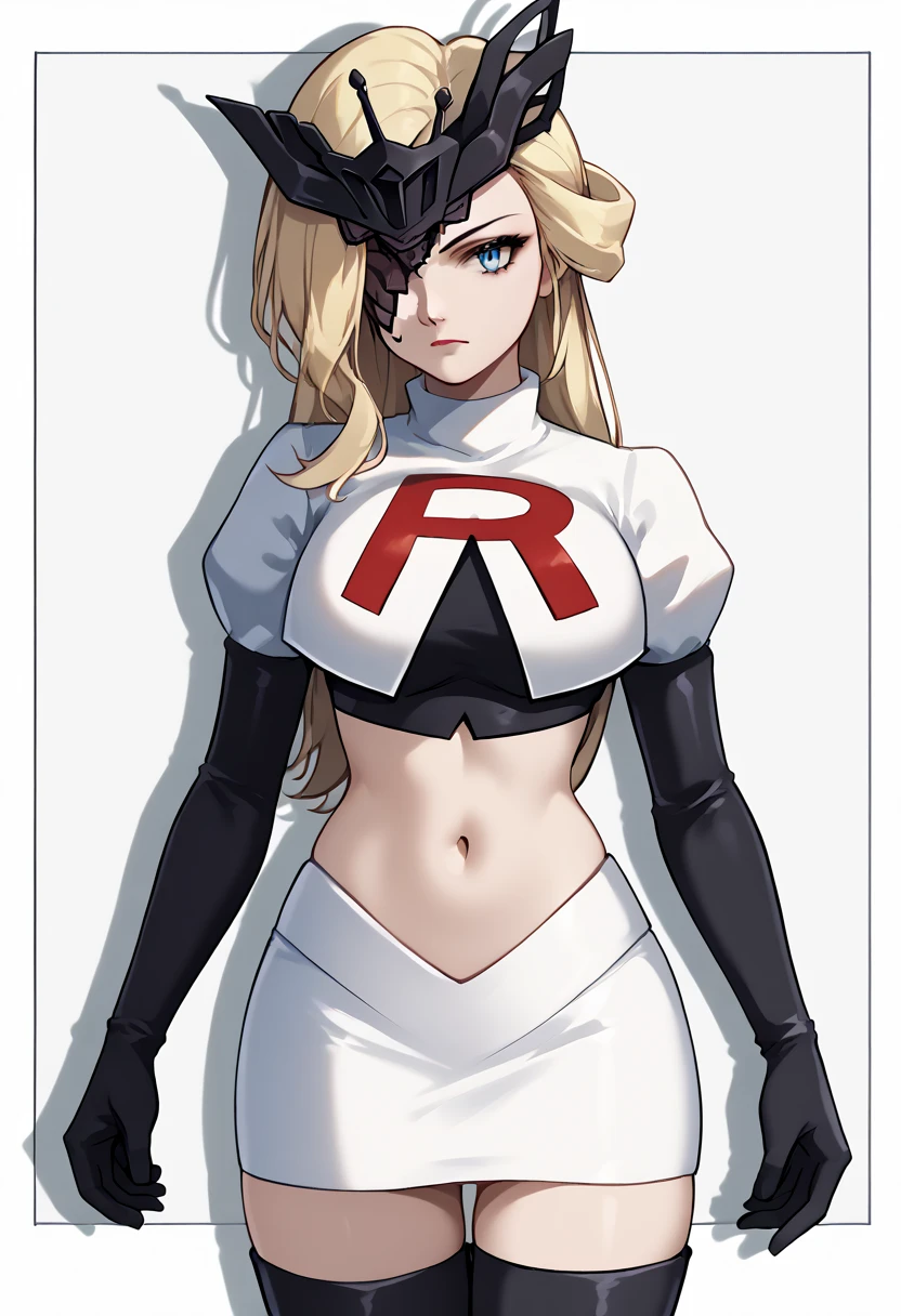 score_9, score_8_up, score_7_up, source_anime, solo, 1girl, sign0ra, makeup, looking at you, long hair, blonde hair, blue eyes, black mask, half mask, one eye covered, large breasts, team rocket,team rocket uniform,white skirt,red letter R,crop top,black thigh-highs,black elbow gloves, cowboy_shot
