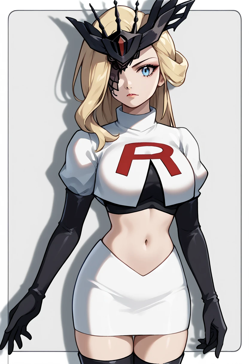 score_9, score_8_up, score_7_up, source_anime, solo, 1girl, sign0ra, makeup, looking at you, long hair, blonde hair, blue eyes, black mask, half mask, one eye covered, large breasts, team rocket,team rocket uniform,white skirt,red letter R,crop top,black thigh-highs,black elbow gloves, cowboy_shot
