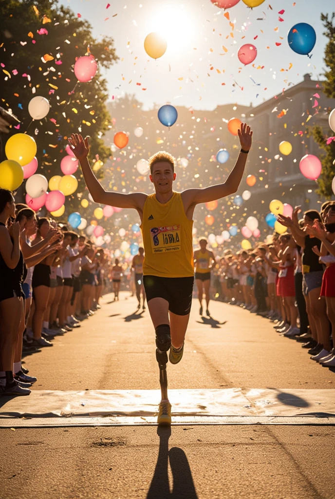 style a 20-year-old , with blond hair and muscular , crosses the finish line first with his prosthetic leg , with arms raised in triumph . The surrounding crowd explodes in applause and celebrations , with colorful balloons and confetti flying through the air . A luz do sol brilha intensamente, creating a golden glow around João . The atmosphere is one of joy and accomplishment , with a sense of victory and overcoming .