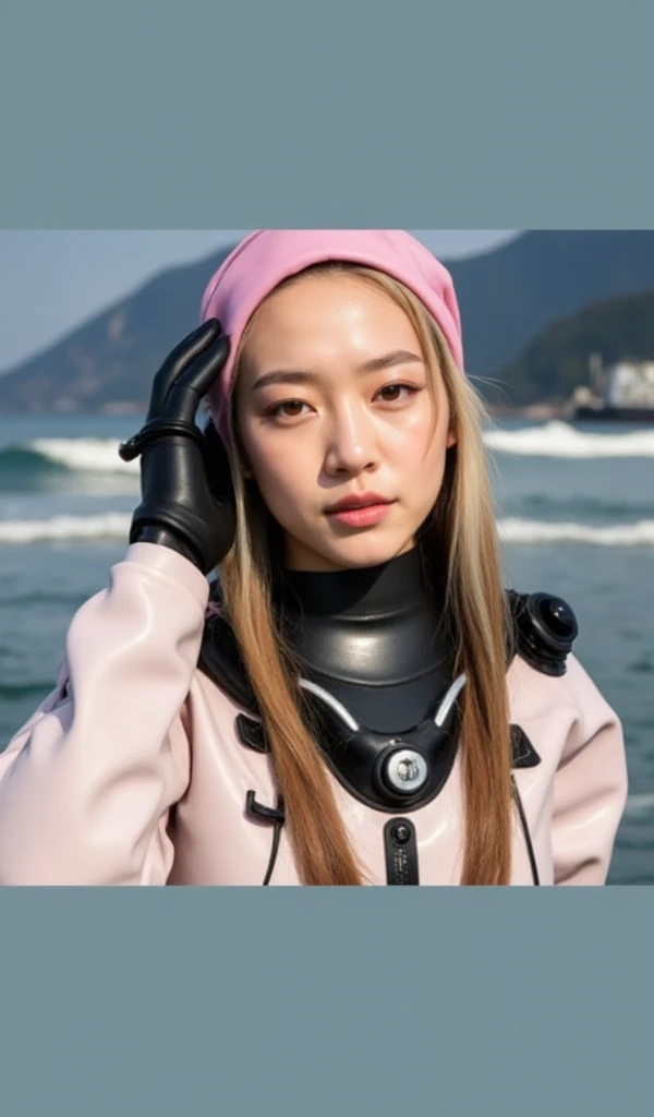 A documentary photo, Photo-realistic, ultra-realistic, (Japanese beautiful young woman, famous Japanese idol, boyish cool face:1.3), wetlook rubberish white clothes,, she is a military diver of Japan navy, experienced military diver, wearing a professional wetsuits for military diver with professional scuba equipment, She is on a shlre, She is preparing to scuba dive for a lifesaving mission, there is a large battle ship behind her,, Natural Makeup, boyish face ,Front View:1.21, Perfect Anatomy:1.21, Small head:1.21, Slender body:1.37, Narrow waist:1.5, Thin limbs:1.5, Flat Chest:1.5, Anatomically correct limbs, Diving Suits drysuits (high smooth turtleneck collar), Fully equipped for diving, Very cute Japanese woman, Brown Hair, Chignon Hair, woman holds oval scuba mask, Calm sea in qinter, Dynamic and emotional movie lighting, 