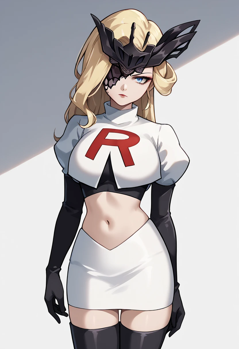 score_9, score_8_up, score_7_up, source_anime, solo, 1girl, sign0ra, makeup, looking at you, long hair, blonde hair, blue eyes, black mask, half mask, one eye covered, large breasts, team rocket,team rocket uniform,white skirt,red letter R,crop top,black thigh-highs,black elbow gloves, cowboy_shot
