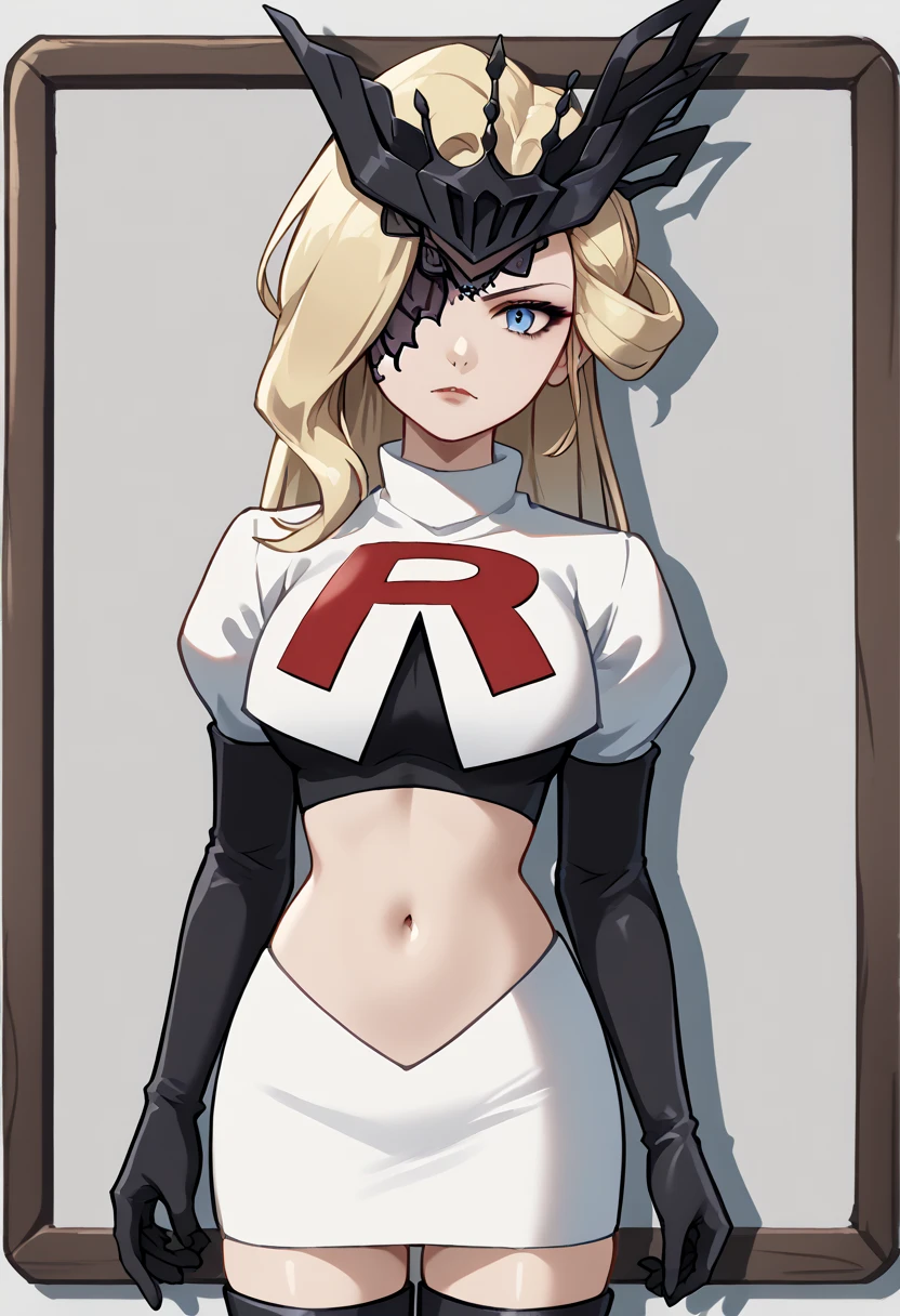 score_9, score_8_up, score_7_up, source_anime, solo, 1girl, sign0ra, makeup, looking at you, long hair, blonde hair, blue eyes, black mask, half mask, one eye covered, large breasts, team rocket,team rocket uniform,white skirt,red letter R,crop top,black thigh-highs,black elbow gloves, cowboy_shot
