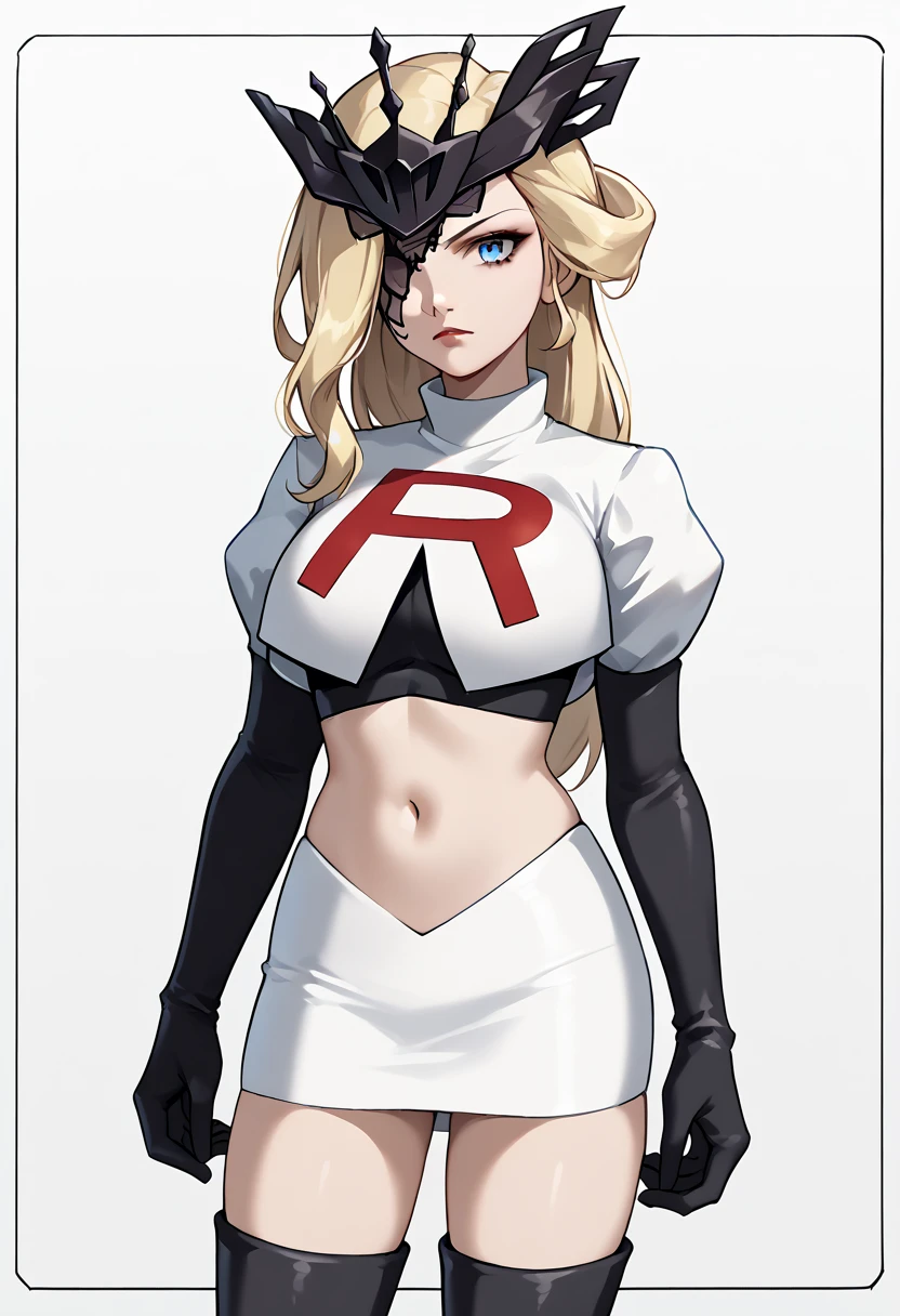 score_9, score_8_up, score_7_up, source_anime, solo, 1girl, sign0ra, makeup, looking at you, long hair, blonde hair, blue eyes, black mask, half mask, one eye covered, large breasts, team rocket,team rocket uniform,white skirt,red letter R,crop top,black thigh-highs,black elbow gloves, cowboy_shot
