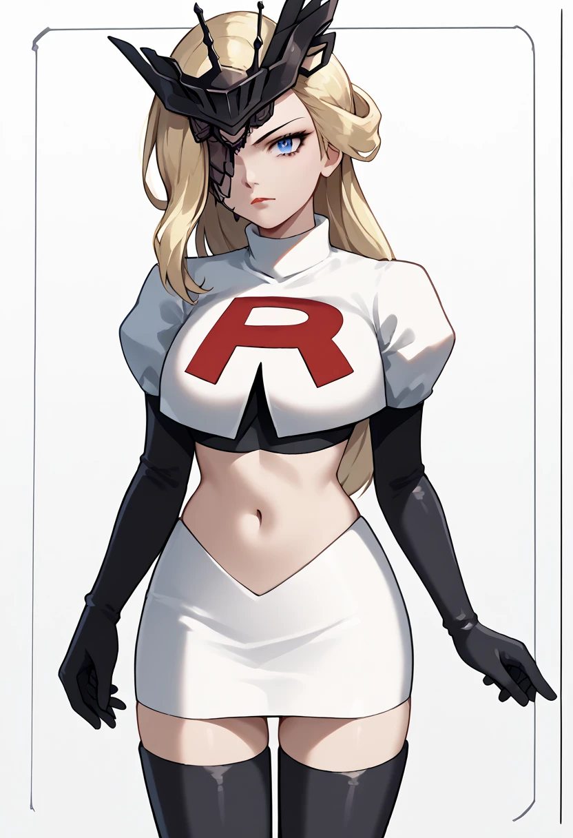 score_9, score_8_up, score_7_up, source_anime, solo, 1girl, sign0ra, makeup, looking at you, long hair, blonde hair, blue eyes, black mask, half mask, one eye covered, large breasts, team rocket,team rocket uniform,white skirt,red letter R,crop top,black thigh-highs,black elbow gloves, cowboy_shot
