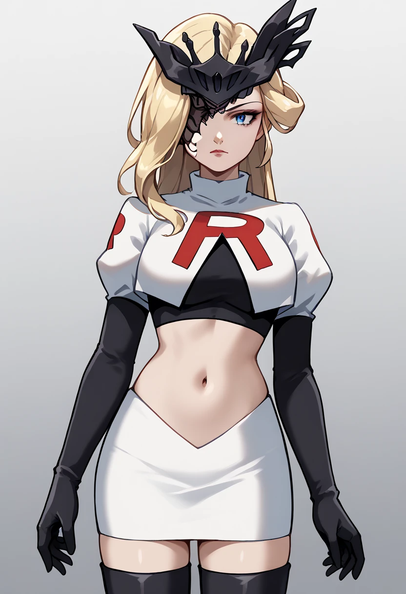 score_9, score_8_up, score_7_up, source_anime, solo, 1girl, sign0ra, makeup, looking at you, long hair, blonde hair, blue eyes, black mask, half mask, one eye covered, large breasts, team rocket,team rocket uniform,white skirt,red letter R,crop top,black thigh-highs,black elbow gloves, cowboy_shot
