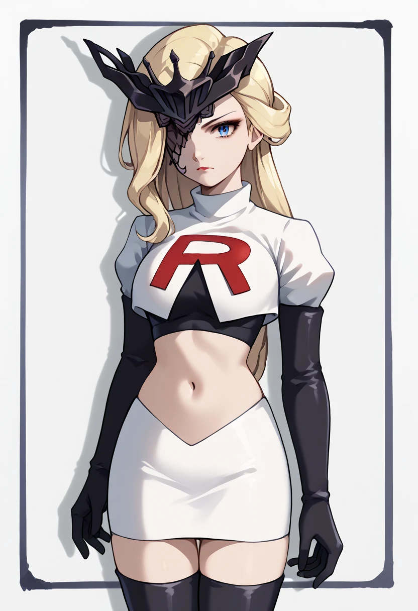 score_9, score_8_up, score_7_up, source_anime, solo, 1girl, sign0ra, makeup, looking at you, long hair, blonde hair, blue eyes, black mask, half mask, one eye covered, large breasts, team rocket,team rocket uniform,white skirt,red letter R,crop top,black thigh-highs,black elbow gloves, cowboy_shot
