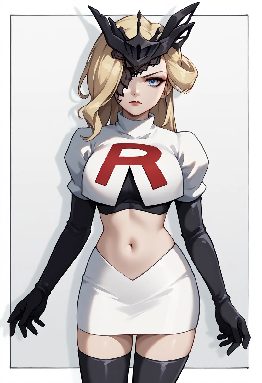 score_9, score_8_up, score_7_up, source_anime, solo, 1girl, sign0ra, makeup, looking at you, long hair, blonde hair, blue eyes, black mask, half mask, one eye covered, large breasts, team rocket,team rocket uniform,white skirt,red letter R,crop top,black thigh-highs,black elbow gloves, cowboy_shot
