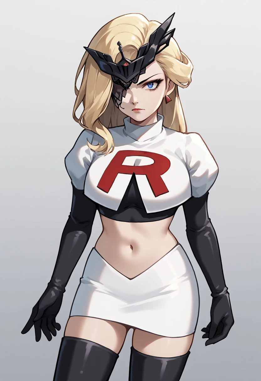 score_9, score_8_up, score_7_up, source_anime, solo, 1girl, sign0ra, makeup, looking at you, long hair, blonde hair, blue eyes, black mask, half mask, one eye covered, large breasts, team rocket,team rocket uniform,white skirt,red letter R,crop top,black thigh-highs,black elbow gloves, cowboy_shot
