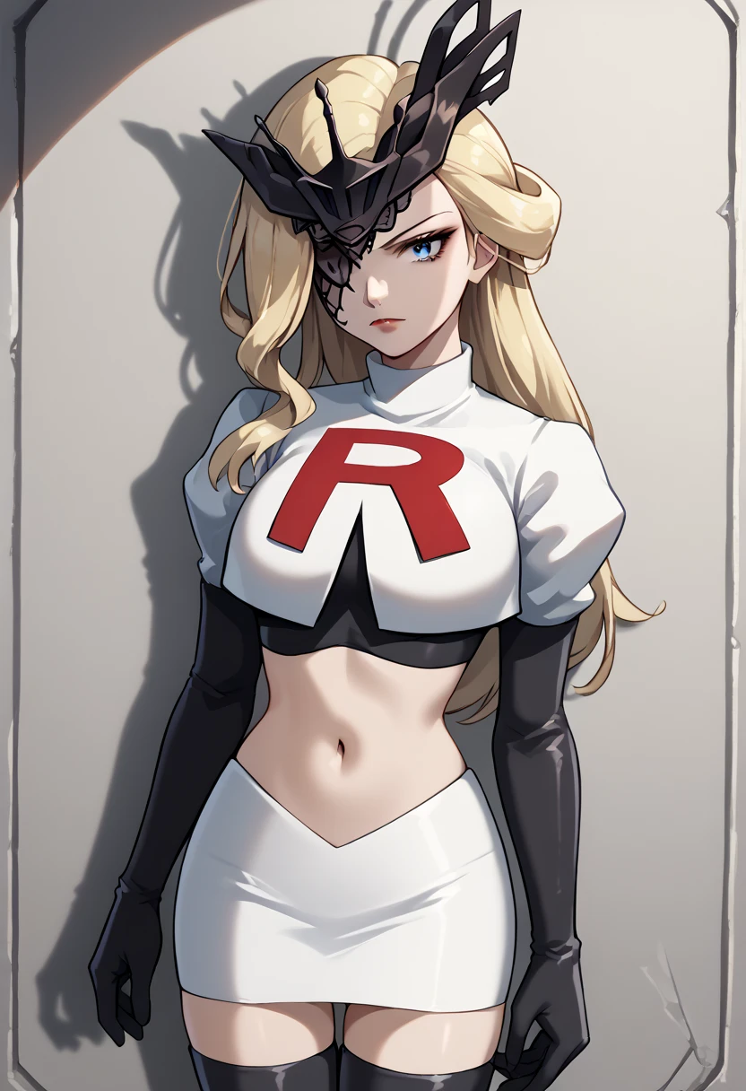 score_9, score_8_up, score_7_up, source_anime, solo, 1girl, sign0ra, makeup, looking at you, long hair, blonde hair, blue eyes, black mask, half mask, one eye covered, large breasts, team rocket,team rocket uniform,white skirt,red letter R,crop top,black thigh-highs,black elbow gloves, cowboy_shot
