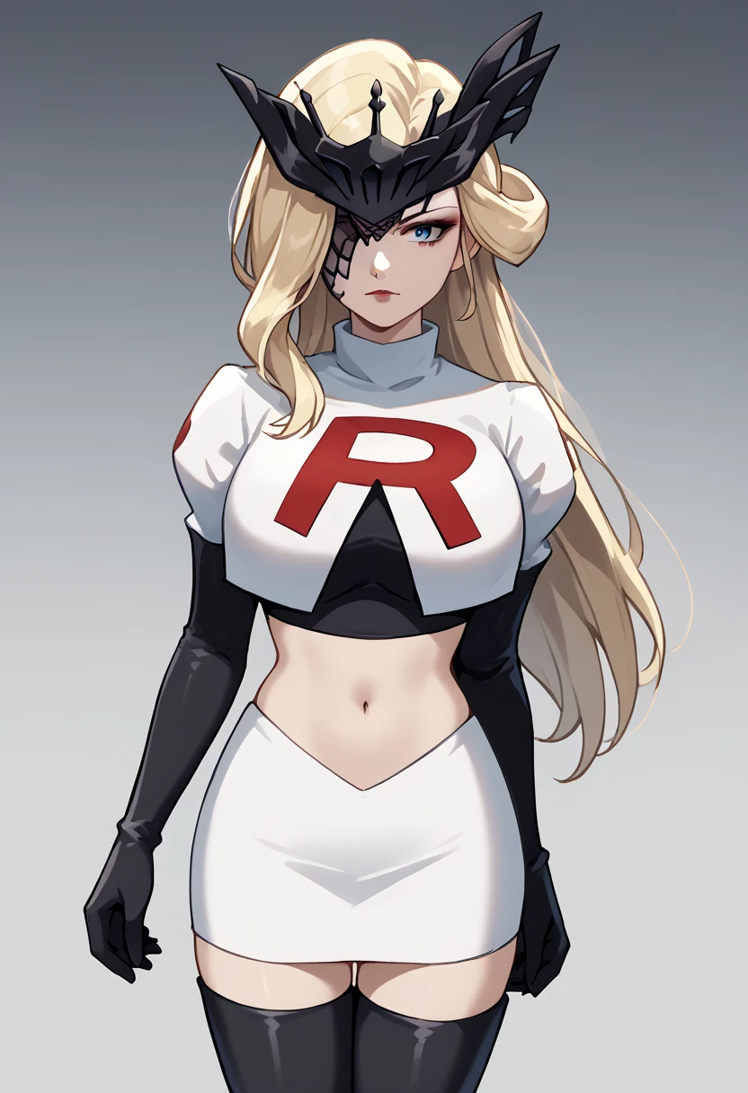 score_9, score_8_up, score_7_up, source_anime, solo, 1girl, sign0ra, makeup, looking at you, long hair, blonde hair, blue eyes, black mask, half mask, one eye covered, large breasts, team rocket,team rocket uniform,white skirt,red letter R,crop top,black thigh-highs,black elbow gloves, cowboy_shot
