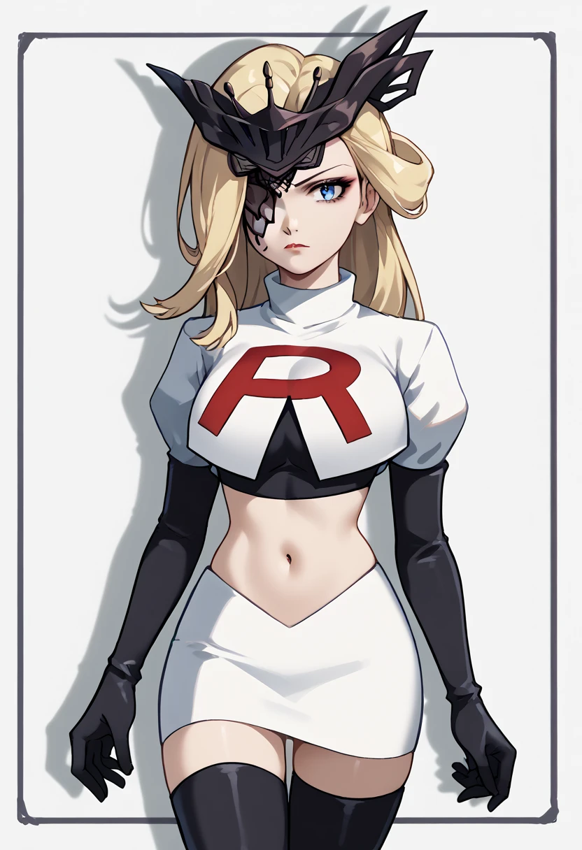 score_9, score_8_up, score_7_up, source_anime, solo, 1girl, sign0ra, makeup, looking at you, long hair, blonde hair, blue eyes, black mask, half mask, one eye covered, large breasts, team rocket,team rocket uniform,white skirt,red letter R,crop top,black thigh-highs,black elbow gloves, cowboy_shot
