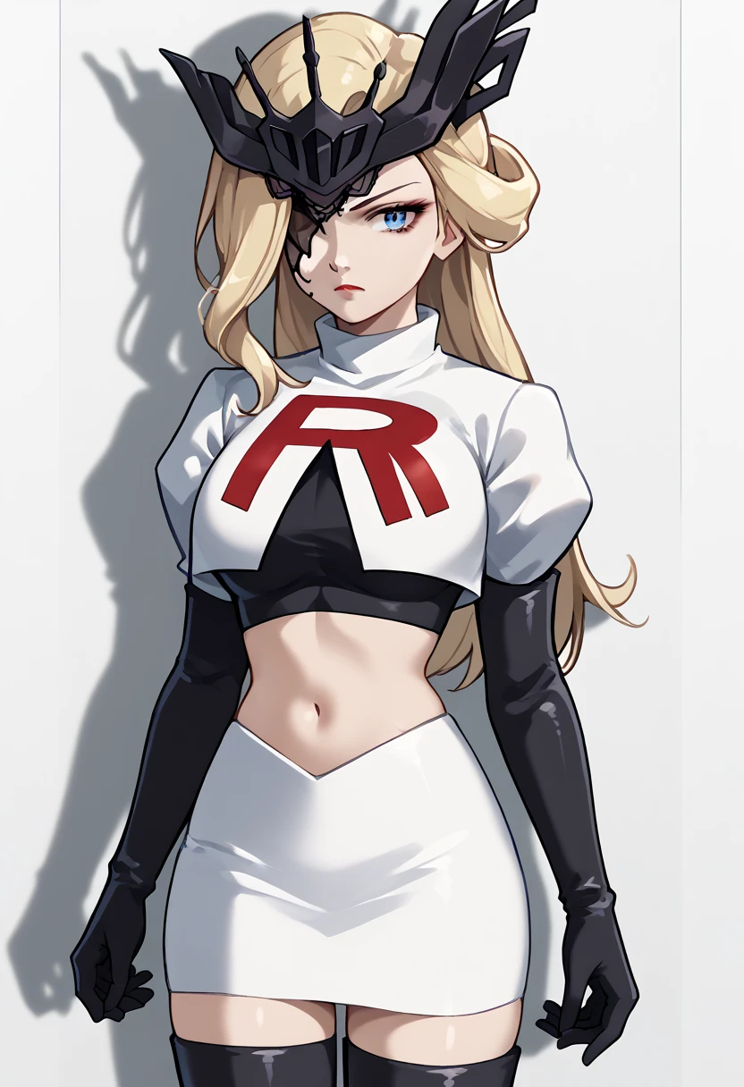 score_9, score_8_up, score_7_up, source_anime, solo, 1girl, sign0ra, makeup, looking at you, long hair, blonde hair, blue eyes, black mask, half mask, one eye covered, large breasts, team rocket,team rocket uniform,white skirt,red letter R,crop top,black thigh-highs,black elbow gloves, cowboy_shot
