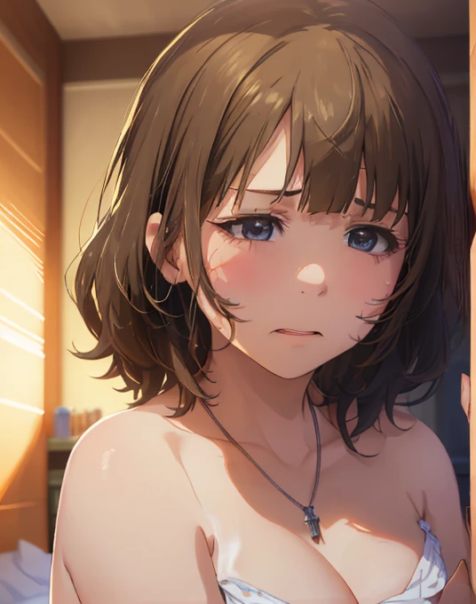 (naked towel:1.4),(white towel:1.2),(fluffy towel:1.7), sembarrassed, blush, Upper body is shown、Realistic, real person, RAW photo, photorealistic, portrait photography, shiny skin, japanese idol、pink hair、Wavy medium hair with bangs、20 year old woman with pink eyes、The background is the bathroom、shower