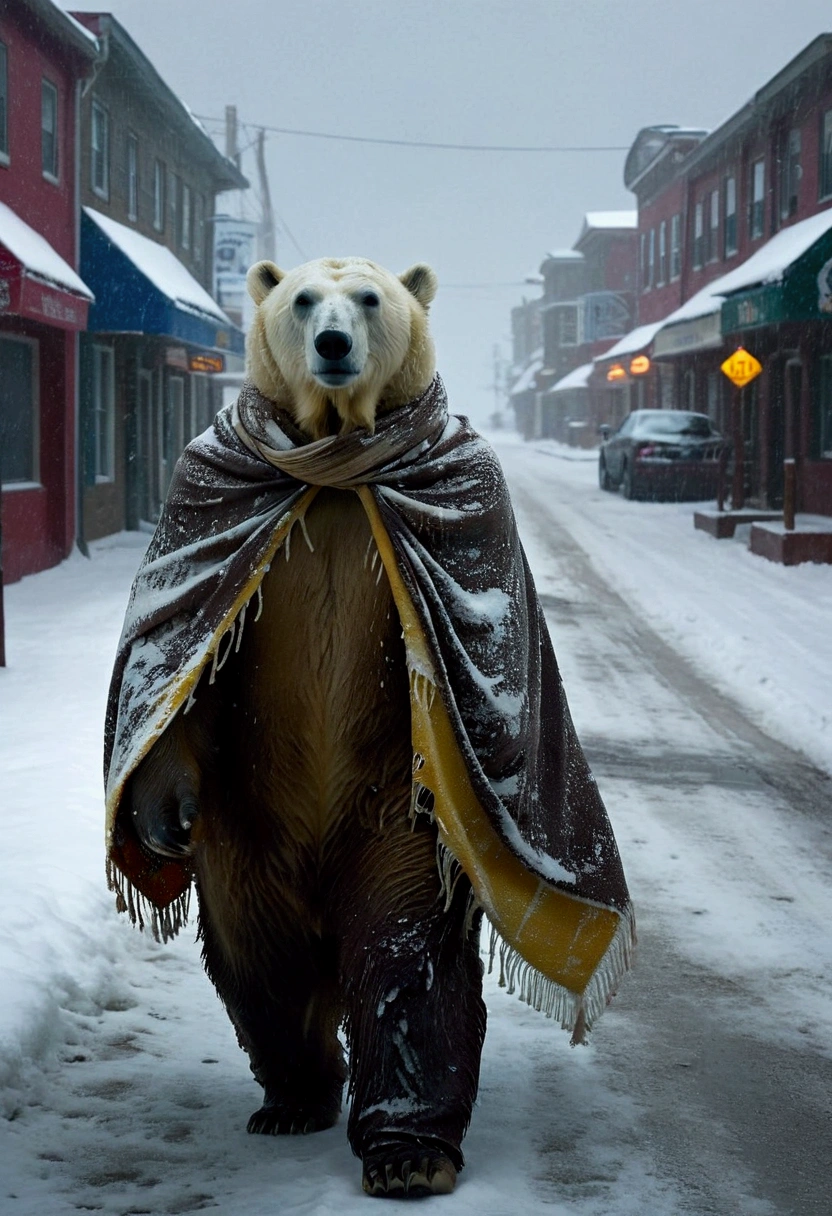 Huge polar bear, in the middle of a terrible snow storm, covered by a raincoat and a scarf; its breathing is seen suffocated by the cold of the storm; it walks along a barely lit street in a fantasy town at the North Pole; masterpiece; intrinsic details