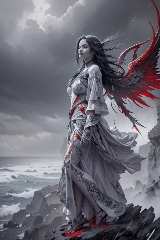black and white and blue and red,(best quality, ultra-detailed, high resolution, extremely detailed cg),wide shot,dead angels stand on cliff edge,she is very beautiful,she like blood and sea,bloody rain, mystical,fanatic, intricate, surreal,delicate