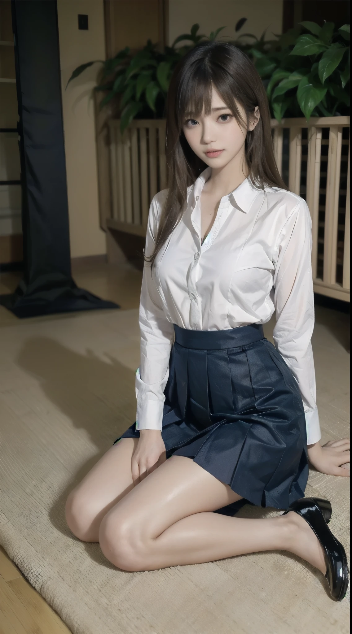 ((nsfw)), (masterpiece), (realistic), (Highly detailed 8k), strong photo studio lighting, in the night, sitting on the bed, total body, a 20 years old gravure girl, twin braids hair, light brown hair, brown eyes, slender, slender arms, big breasts, BREAK (white and gray theme:1.3), (wearing a white collared-shirt:1.4), BREAK (tight dark navy pencil skirt:1.5), (black pantyhose:1.3), opened legs, no bra, no pan, pubic hair, pointy breasts, erected nipples, sow off nipples under white shirt, ((masturbation)),