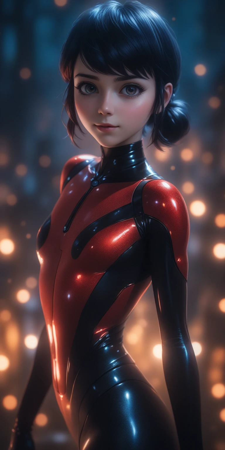 High detail RAW color, full body shot, Marinette Dupain-Cheng in (euphoria:1.0), dark makeup, (dramatic, mysterious, symmetrical background, lightshafts, dark:1.2), bokeh, shallow focus, f2, 85mm, (backlit:1.1), serious, moody, red ladybug chrome bodysuit, eos, skin_pores, 8k high definition, high detail eyes, highest quality, skin texture, masterpiece, best quality, 8k, cinematic lighting, (sharp focus:1.2), HDR, beauty, ultra-detailed, amazing,